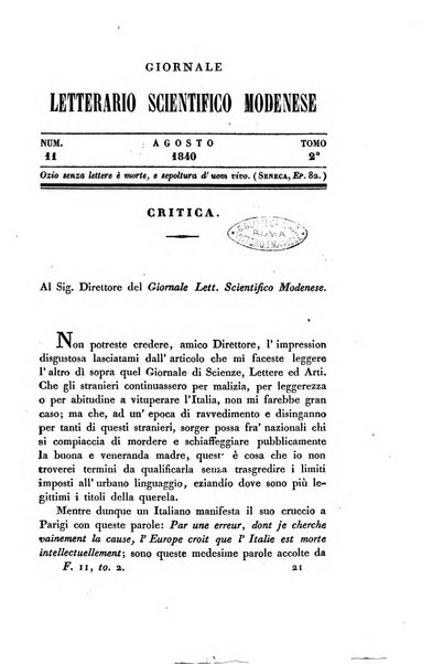 Il giornale letterario scientifico modenese raccolta periodica di produzioni scelte originali italiane e straniere inedite in Italia