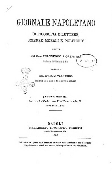 Giornale napoletano di filosofia e lettere, scienze morali e politiche