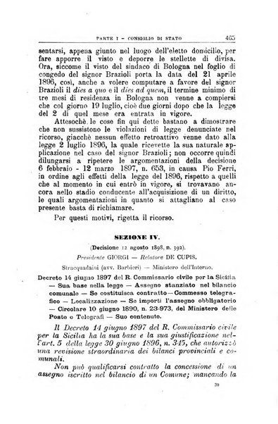 La giustizia amministrativa raccolta di decisioni e pareri del Consiglio di Stato, decisioni della Corte dei conti, sentenze della Cassazione di Roma, e decisioni delle Giunte provinciali amministrative