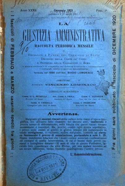 La giustizia amministrativa raccolta di decisioni e pareri del Consiglio di Stato, decisioni della Corte dei conti, sentenze della Cassazione di Roma, e decisioni delle Giunte provinciali amministrative