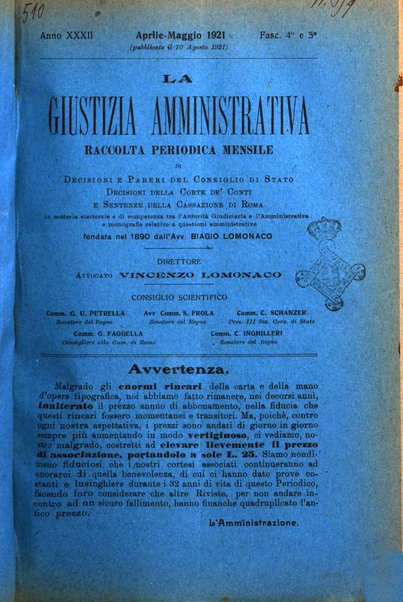 La giustizia amministrativa raccolta di decisioni e pareri del Consiglio di Stato, decisioni della Corte dei conti, sentenze della Cassazione di Roma, e decisioni delle Giunte provinciali amministrative