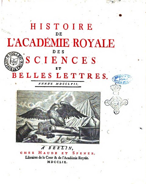 Histoire de l'Academie royale des sciences et des belles-lettres de Berlin