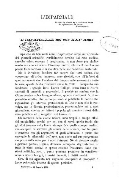 L'imparziale giornale degli interessi scientifici, pratici, morali e professionali della classe medica