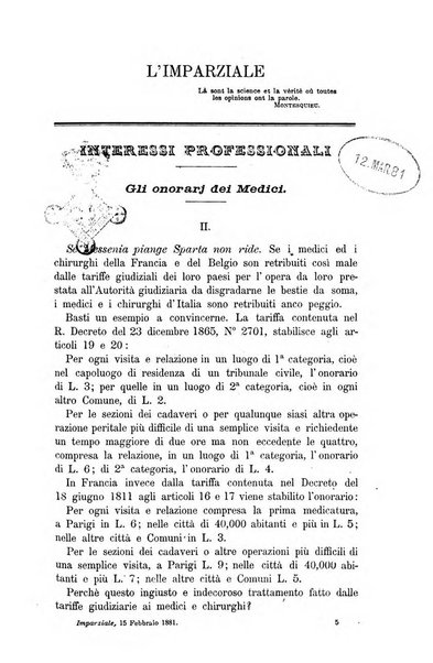 L'imparziale giornale degli interessi scientifici, pratici, morali e professionali della classe medica