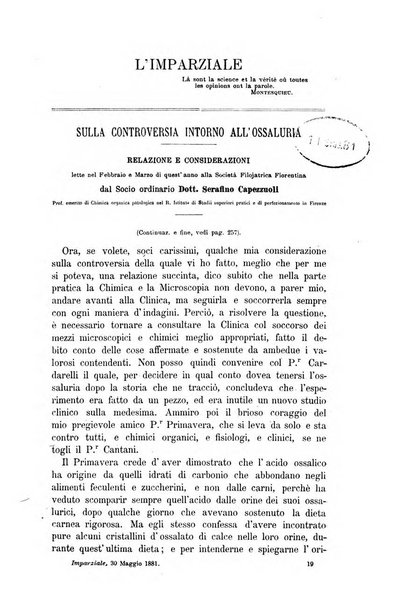 L'imparziale giornale degli interessi scientifici, pratici, morali e professionali della classe medica