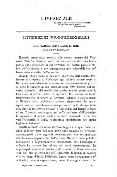 L'imparziale giornale degli interessi scientifici, pratici, morali e professionali della classe medica