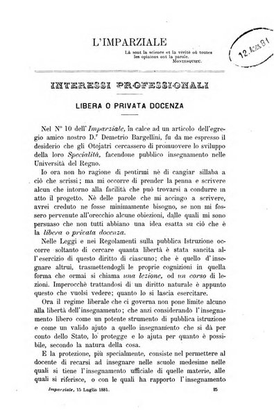 L'imparziale giornale degli interessi scientifici, pratici, morali e professionali della classe medica