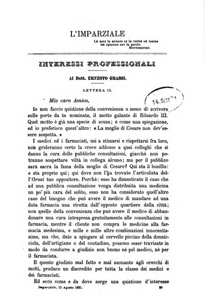 L'imparziale giornale degli interessi scientifici, pratici, morali e professionali della classe medica