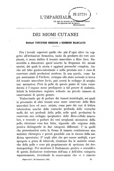 L'imparziale giornale degli interessi scientifici, pratici, morali e professionali della classe medica