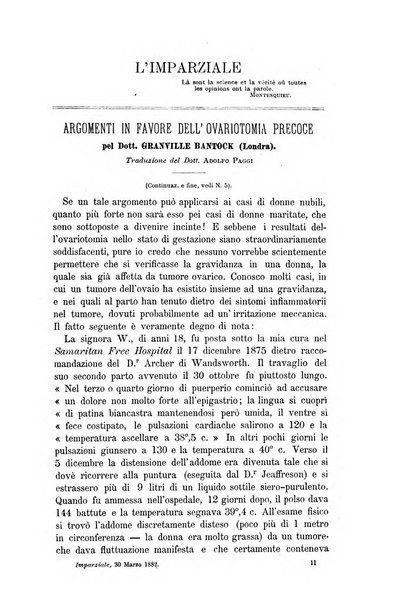 L'imparziale giornale degli interessi scientifici, pratici, morali e professionali della classe medica