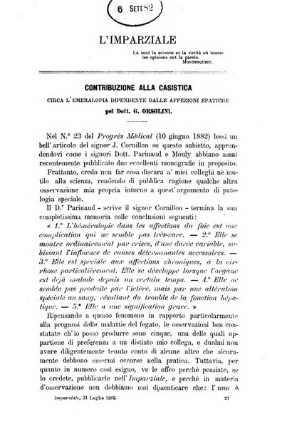 L'imparziale giornale degli interessi scientifici, pratici, morali e professionali della classe medica