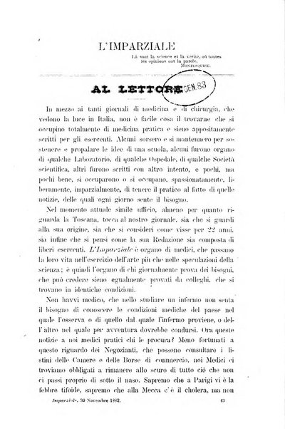 L'imparziale giornale degli interessi scientifici, pratici, morali e professionali della classe medica