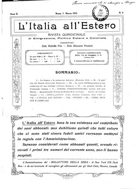 L'Italia all'estero rivista di politica estera e coloniale