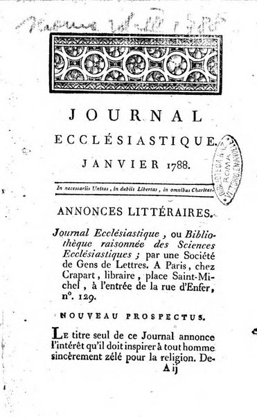 Journal ecclesiastique ou bibliotheque raisonnée des sciences ecclésiastiques