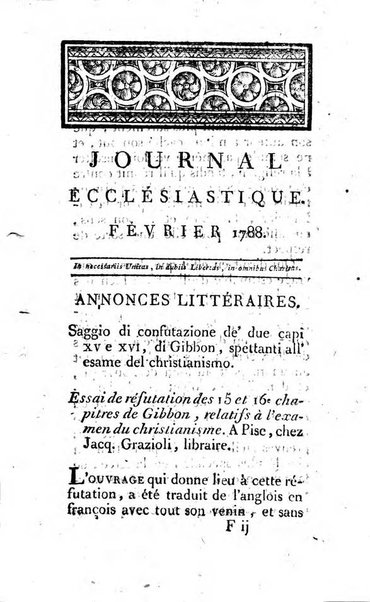 Journal ecclesiastique ou bibliotheque raisonnée des sciences ecclésiastiques