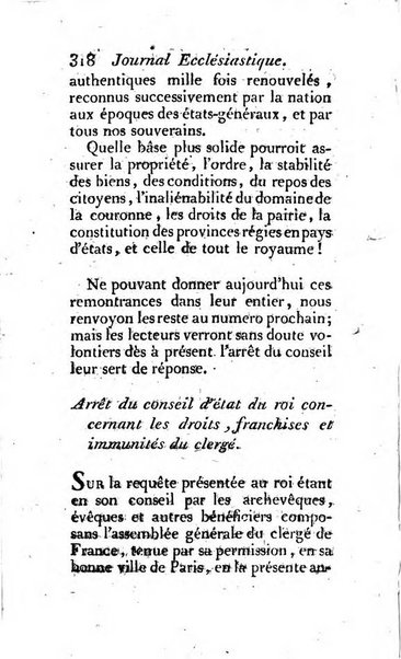 Journal ecclesiastique ou bibliotheque raisonnée des sciences ecclésiastiques