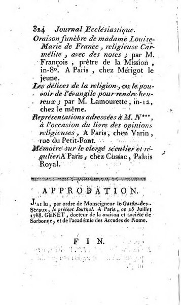 Journal ecclesiastique ou bibliotheque raisonnée des sciences ecclésiastiques