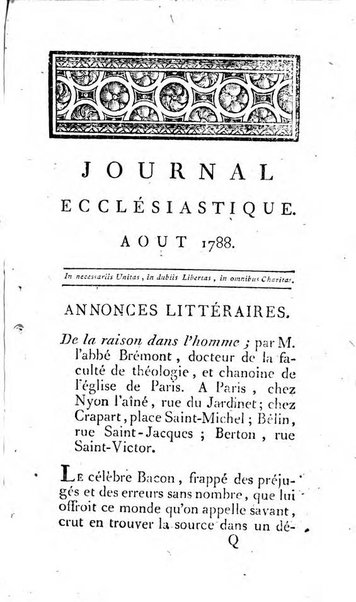 Journal ecclesiastique ou bibliotheque raisonnée des sciences ecclésiastiques