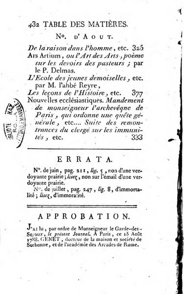 Journal ecclesiastique ou bibliotheque raisonnée des sciences ecclésiastiques