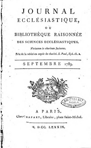 Journal ecclesiastique ou bibliotheque raisonnée des sciences ecclésiastiques