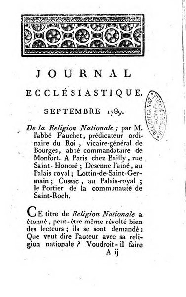 Journal ecclesiastique ou bibliotheque raisonnée des sciences ecclésiastiques