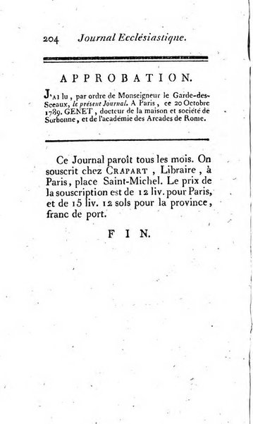 Journal ecclesiastique ou bibliotheque raisonnée des sciences ecclésiastiques