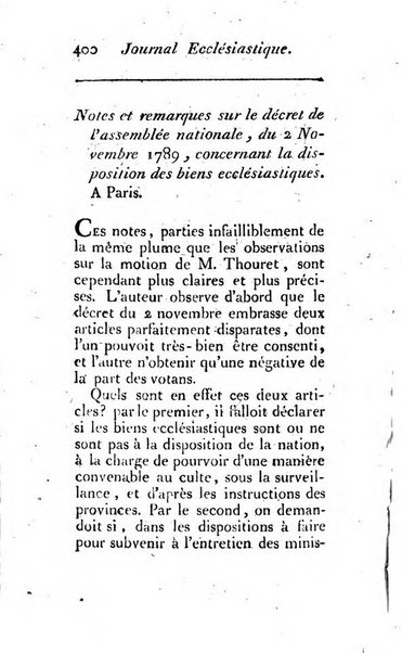 Journal ecclesiastique ou bibliotheque raisonnée des sciences ecclésiastiques