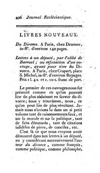 Journal ecclesiastique ou bibliotheque raisonnée des sciences ecclésiastiques