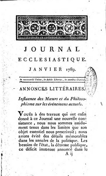 Journal ecclesiastique ou bibliotheque raisonnée des sciences ecclésiastiques