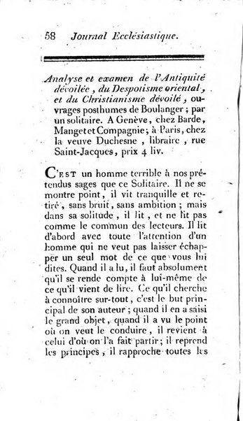 Journal ecclesiastique ou bibliotheque raisonnée des sciences ecclésiastiques