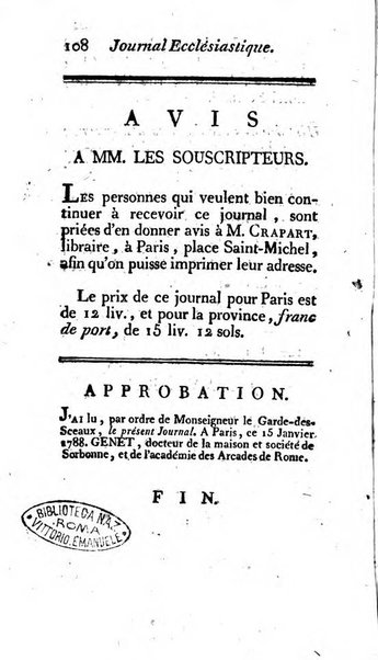 Journal ecclesiastique ou bibliotheque raisonnée des sciences ecclésiastiques