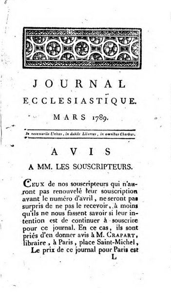 Journal ecclesiastique ou bibliotheque raisonnée des sciences ecclésiastiques