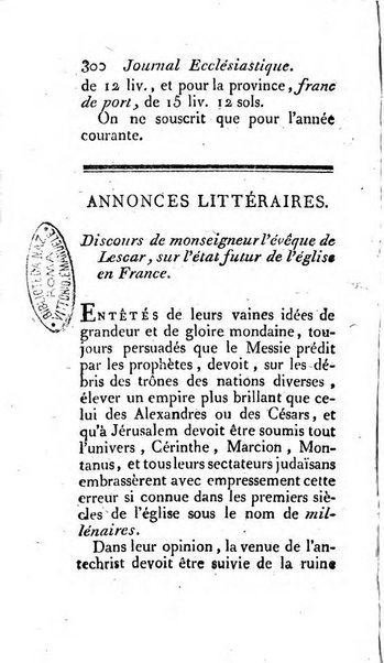 Journal ecclesiastique ou bibliotheque raisonnée des sciences ecclésiastiques