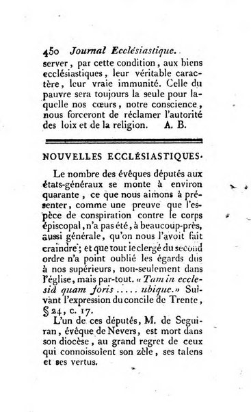 Journal ecclesiastique ou bibliotheque raisonnée des sciences ecclésiastiques