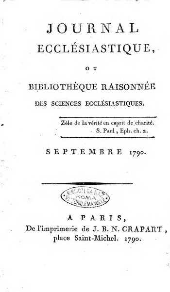 Journal ecclesiastique ou bibliotheque raisonnée des sciences ecclésiastiques