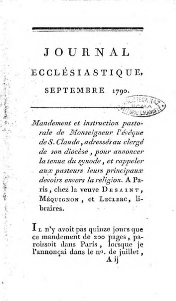 Journal ecclesiastique ou bibliotheque raisonnée des sciences ecclésiastiques