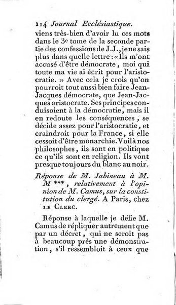 Journal ecclesiastique ou bibliotheque raisonnée des sciences ecclésiastiques