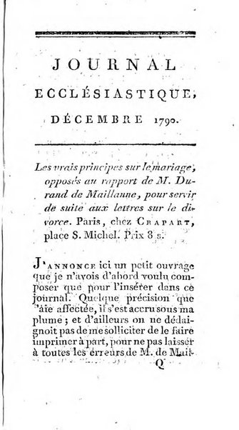 Journal ecclesiastique ou bibliotheque raisonnée des sciences ecclésiastiques