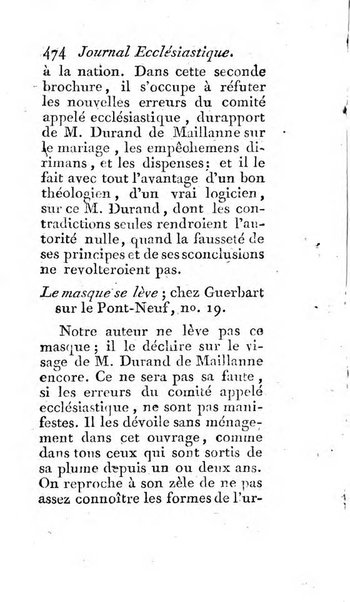 Journal ecclesiastique ou bibliotheque raisonnée des sciences ecclésiastiques