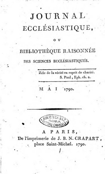 Journal ecclesiastique ou bibliotheque raisonnée des sciences ecclésiastiques