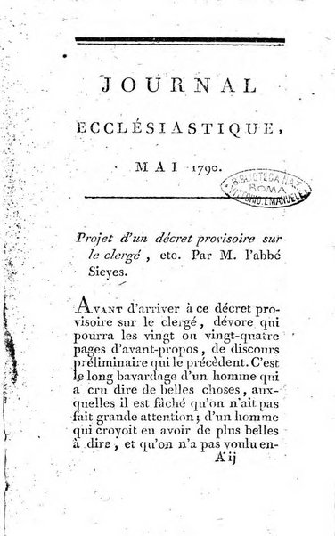 Journal ecclesiastique ou bibliotheque raisonnée des sciences ecclésiastiques