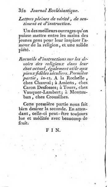 Journal ecclesiastique ou bibliotheque raisonnée des sciences ecclésiastiques