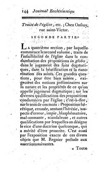 Journal ecclesiastique ou bibliotheque raisonnée des sciences ecclésiastiques