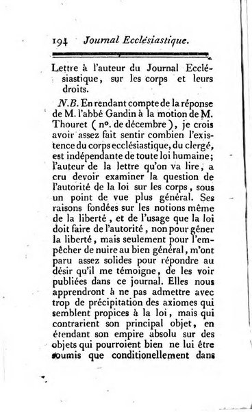 Journal ecclesiastique ou bibliotheque raisonnée des sciences ecclésiastiques