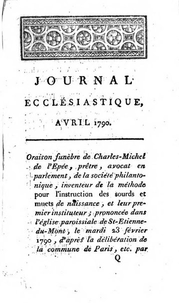 Journal ecclesiastique ou bibliotheque raisonnée des sciences ecclésiastiques