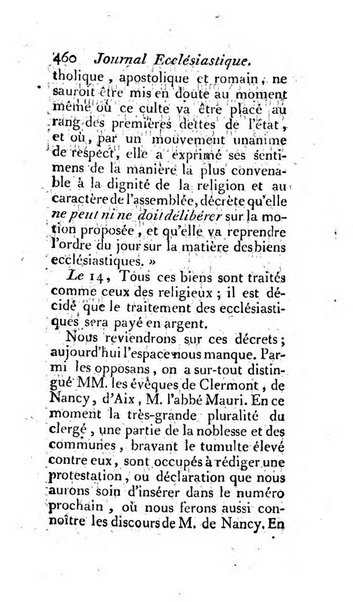 Journal ecclesiastique ou bibliotheque raisonnée des sciences ecclésiastiques