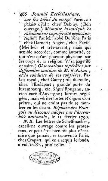 Journal ecclesiastique ou bibliotheque raisonnée des sciences ecclésiastiques