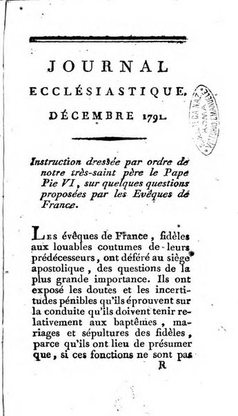 Journal ecclesiastique ou bibliotheque raisonnée des sciences ecclésiastiques