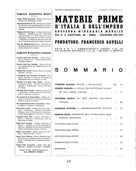 Materie prime d'Italia e dell'Impero rassegna mineraria mensile