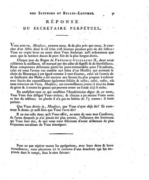 Memoires de l'Academie royale des sciences et belles lettres depuis l'avenement de Frederic Guillaume 2. au throne